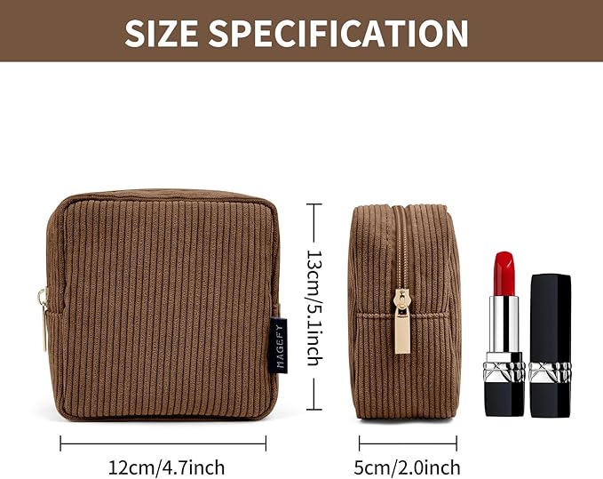 MAGEFY Small Makeup Bag for Purse Mini Cosmetics Bag Corduroy Cute Cosmetic Pouch for Women with Slip-in Pockets