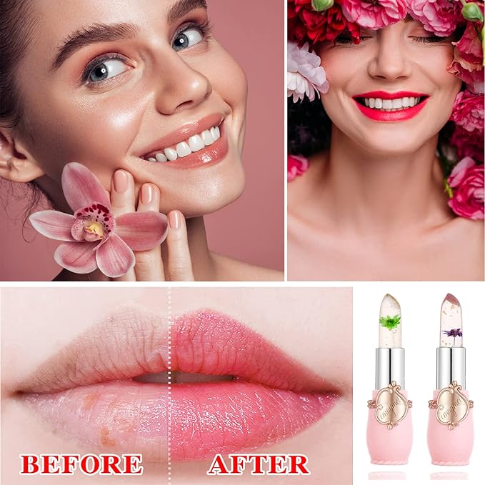 2 Pack Crystal Jelly Flower Lipstick,Magic Temperature Color Change Lip Gloss Lip Stick PH Clear Magic Lipstick Long Lasting Nutritious Moisturizing Lip Balm（Set C）