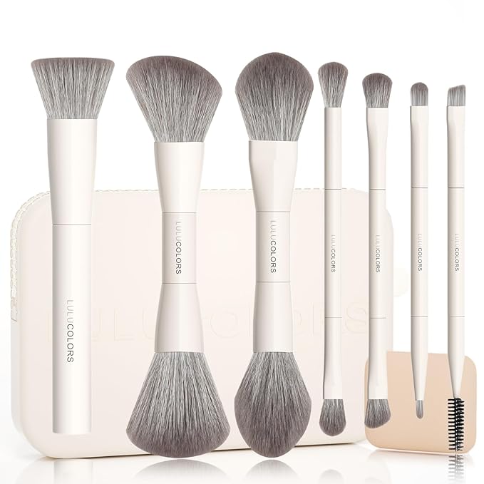 LULUCOLORS-Dual-Ended Makeup Brush Set with Sponge & Travel Case-13 Kinds of Multi-Functional Brushes for Face & Eyes – Soft Bristles, Easy Travel Brush Set (Cream White)