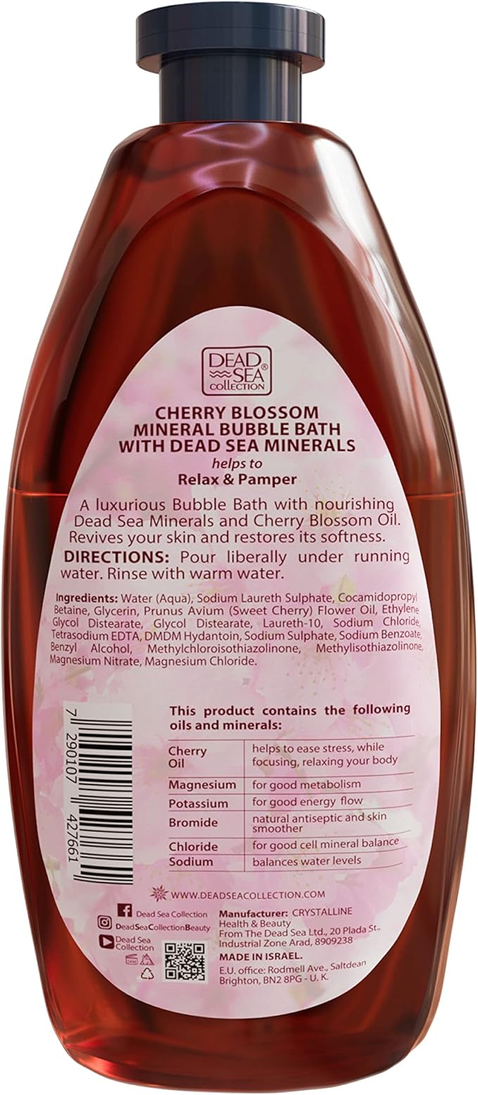 Dead Sea Collection Bubble Bath with Cherry Blossom for Women and Men – Cherry Seeds Oil and Dead Sea Salt - Nourishing and Moisturizing Skin - Pack of 2 (67.6 fl.oz)