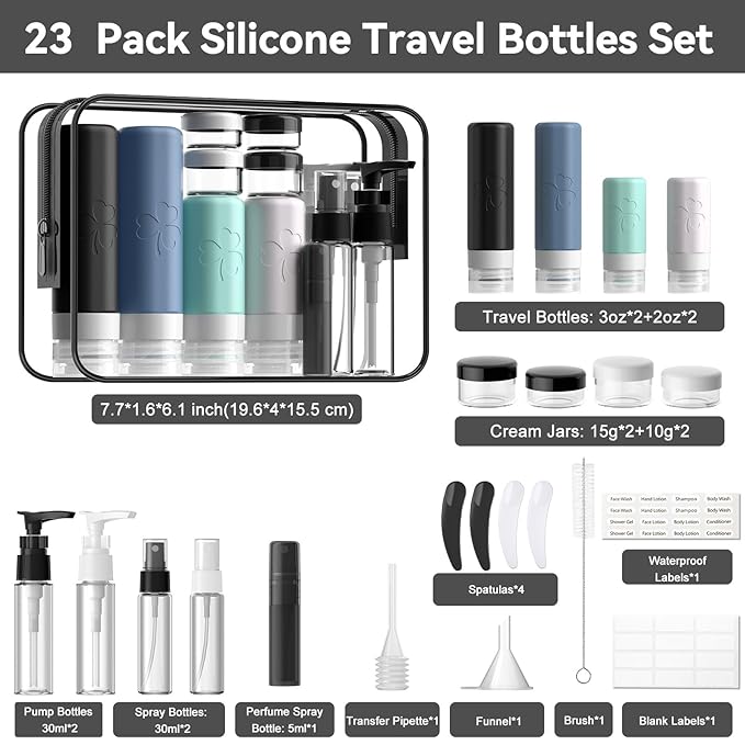 INSFIT Travel Bottles for Toiletries 23pack, TSA Approved Travel Size Toiletries, Airplane Essentials for Creams, Shampoo, Cosmetic Liquids