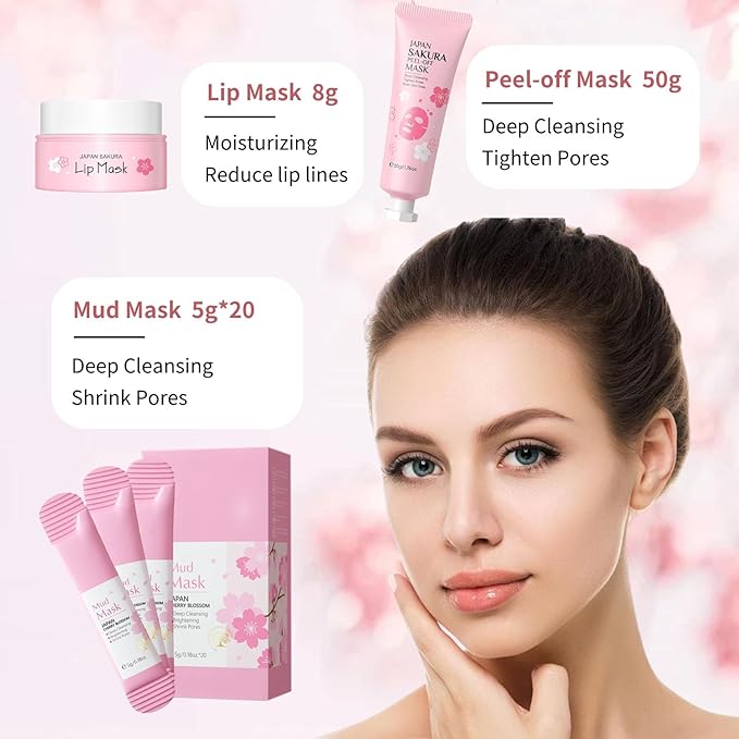 Japan Sakura Skin Care Set for Teen Girls - Evolvique Skin Care for Teens 10-12 - Skincare for Girls 10-12 - Skin Care Kit Gift Set for Women with Cleanser,Serum,Cream(One Size, 8PCS Sakura Scent)