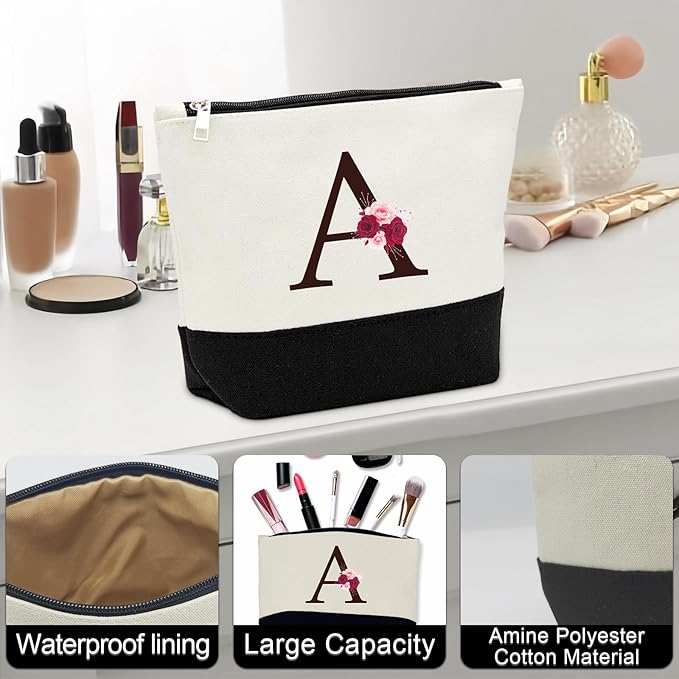 Birthday Gifts for Women,Initial Canvas Tote Bag,Initial Gift for Women,16oz Initial Glass Cup,Initial Makeup Bag with Zipper,Jewelry Organizer Box,Personalized Gifts for Mom-A