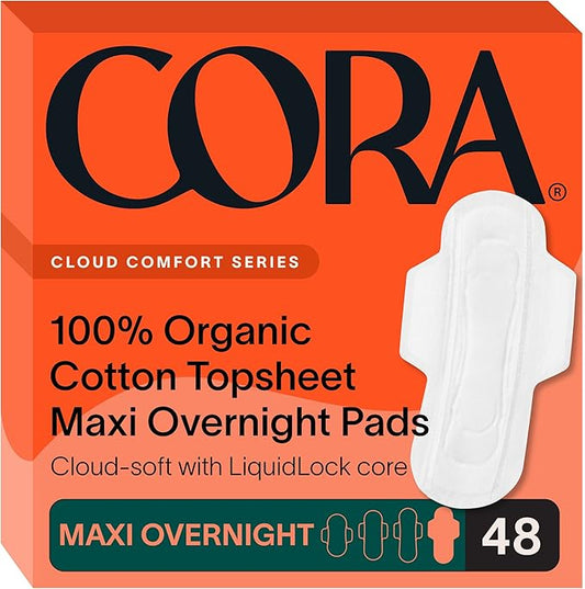 Cora 100% Organic Cotton Topsheet Maxi Pads | Maxi Period Pads with Wings | Maxi Overnight Absorbency | Unscented, Comfortable, Powerfully Absorbent, Leak Protection (48 Count)