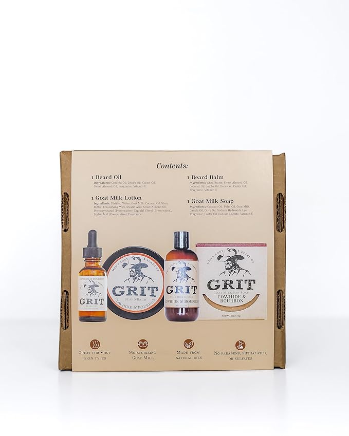 GRIT Boxed Gift Set Bundle Cowhide & Bourbon - Includes 1 Soap, 1 Lotion, 1 Beard Oil, and 1 Beard Balm | All Natural | Dye-Free Lotion | Enriched with Nourishing Goat Milk |