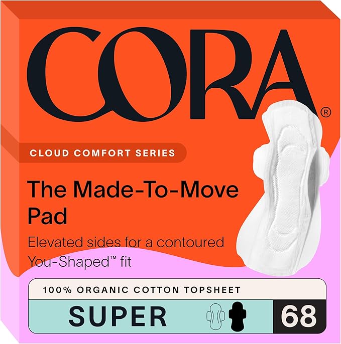 Cora Super Pads with Wings, Made-to-Move, Organic Cotton Topsheet Ultra Thin Feminine Care Pads for Women, Soft, Comfortable & Breathable Menstrual Pad, Regular Absorbency, Unscented, 68 Count
