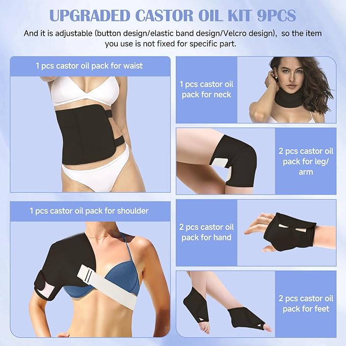 Castor Oil Pack Wrap, 9 Pcs Organic Castor Oil Packs Kit for Entire Body Neck Shoulder Waist Back Hand Knee Leg and Feet, Reusable Pads Kit for Hot/Cold Castor Oil Compress for Woman/Man【Black】