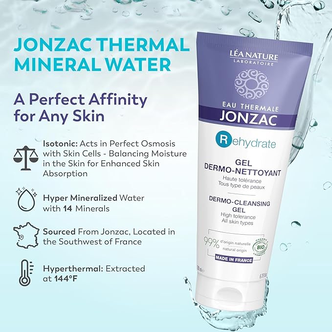 Eau Thermale Jonzac Rehydrate Organic Dermo Cleansing Gel - Gentle Daily Facial Cleanser - Sensitive Skin Approved - Leaves Skin Feeling Smooth & Hydrated - 6.75 Fl oz (Pack of 2)