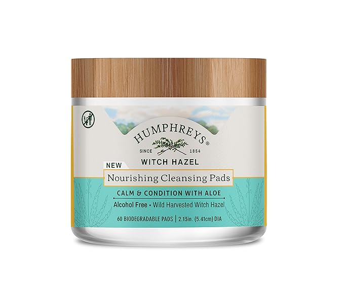 Humphreys Witch Hazel Nourishing Cleansing Pads | Wild Harvested Witch Hazel & Aloe | Hydrating, Natural Alcohol-Free Formula | 60 Rounds