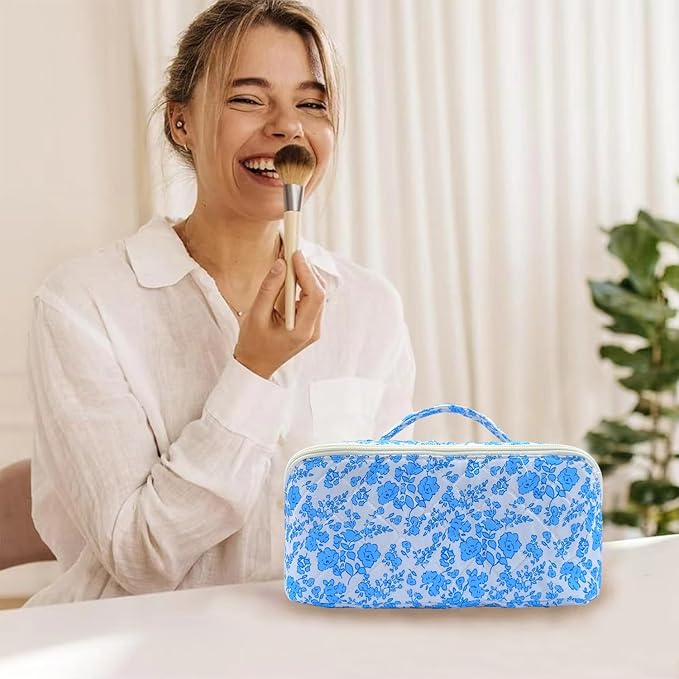 Blue Large Quilted Floral Makeup Bag Cute Coquette Aesthetic Cosmetic Bag Open Flat Travel Toiletry Make up Bag for Women