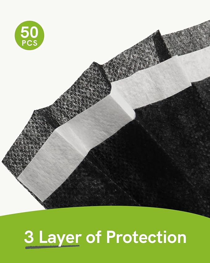 FriCARE Disposable Face Masks, 3-Ply ASTM Level 3 Medical Grade, FSA/HSA Eligible, Breathable & Comfortable for Allergy/Sun Protection, 50 Pack Black