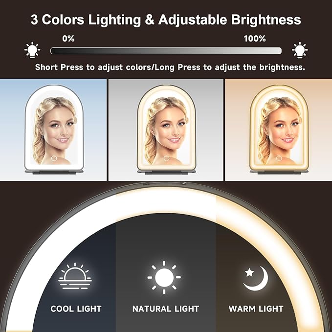 Mocado Travel Makeup Mirror with Light, 1x/10x Magnifying Mirror with Light, 3 Colors Lighted Magnifying Mirror, 2000mAh Rechargeable Lighted Makeup Mirror, Memory Function (Arched-Black)