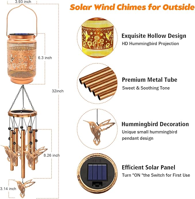 Hummingbird Solar Wind Chimes for Outside, Gifts for Christmas Mom Women Grandma Birthday Memorial Teacher, 32" Windchimes Outdoor Decor Hanging Solar Lantern for Garden Porch Patio Backyard