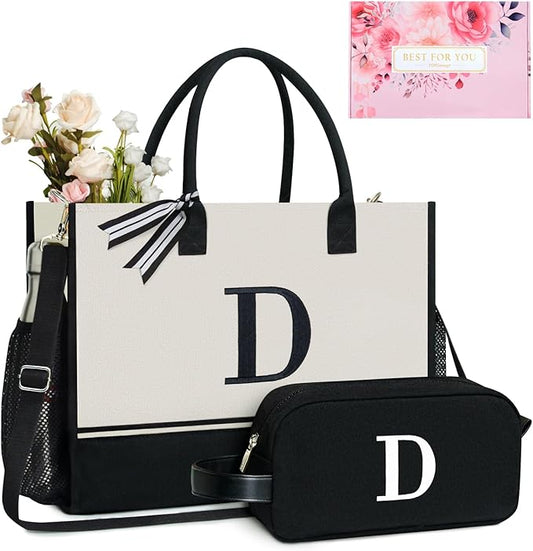 TOPDesign Personalized Initial Canvas Tote Bag, for Wedding, Birthday, Beach, Perfect Gifts for Women, Mom, Teachers, Friends