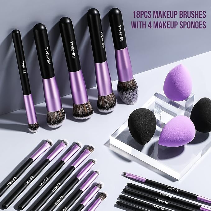 BS-MALL Makeup Brushes Premium Synthetic Foundation Powder Concealers Eye Shadows Makeup 18 Pcs Brush Set with 4 Pcs Makeup sponge Set