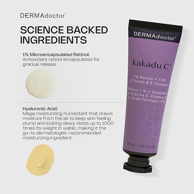 DERMAdoctor Retinol Cream for Face - Stabilized Vitamin C, Vitamin E, Ferulic Acid Anti Aging Face Cream 1% Retinol Facial Moisturizer Night-Cream for Dullness, Discoloration, Fine Lines, & Wrinkles