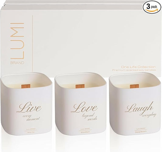 Set of 3 Scented Soy Candles Gift Set | One Life Collection | Orange Blossom, White Tea and White Bloom | Crackling Wood Wick | 50+ HR Burn, 9.8oz Each | Luxury Soy Candle Gift for Women & Home