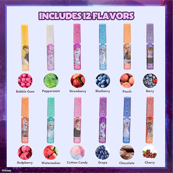 Townley Girl Disney Frozen 12 Piece Plant Based Lip Gloss, Girls Party Favors, First Makeup Set for Girl, Perfect for Parties, Sleepovers, and Birthday Gifts, Elsa and Anna, Ages 3 (Pack of 2)