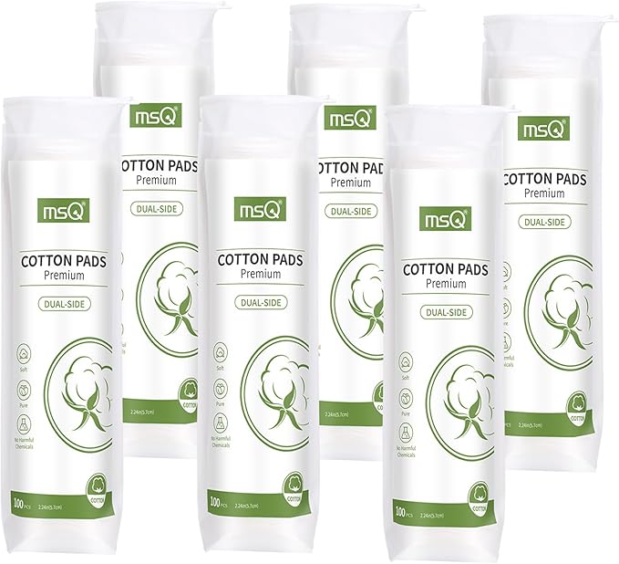 MSQ Cotton Rounds Makeup Remover Pads 600 Count Cotton Facial Cleansing Round Cotton Pads Lint-Free,Hypoallergenic (Pack of 6)