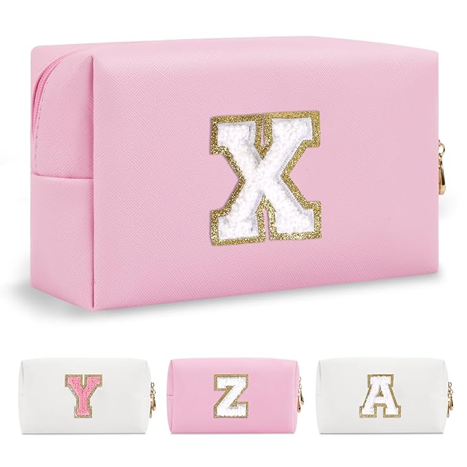 Personalized Initial A-Z Preppy Patch Makeup Bag,Small PU Chenille Letter Cosmetic Bag with Zipper for Teen Girls,Pink Cute Toiletry Organizer Bag,Monogram Makeup Case Gift for Women Girls,Letter X