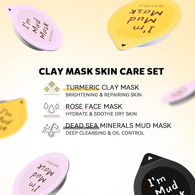 Clay Facial Mask Set 9 Pack - Turmeric Clay Mask - Rose - Dead Sea Minerals Mud Mask, Skincare Gift Set - Brightening, Moisturize & Deep cleansing for Dry, Sensitive Skin, Travel-Friendly & Portable