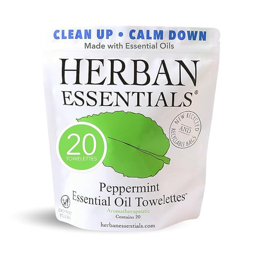 Herban Essentials - Peppermint Wipes & Towelettes - Essential Oil Wipes for Hands & Body - Travel Size Essentials and Toiletries - Natural, Individually Wrapped, Disposable & Moist Refresh (20 count)
