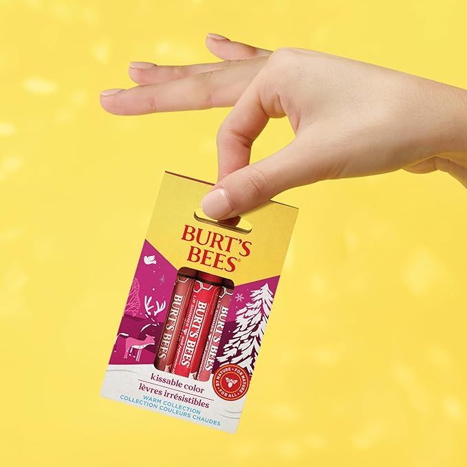 Burt's Bees Shimmer Lip Tint Stocking Stuffers Set, Tinted Lip Balm, Moisturizing for All Day Hydration with Natural Glowy Pigmented Finish & Buildable Color, Kissable Color, Warm Collection (3-Pack)