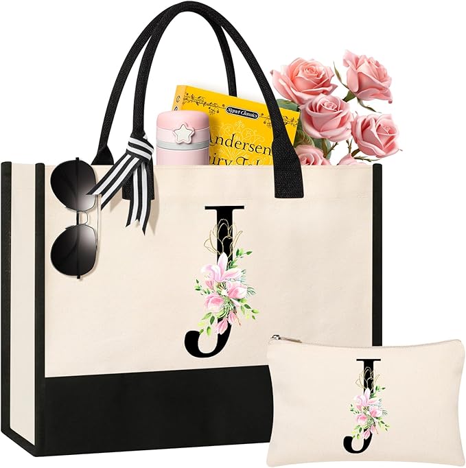 AYGE Personalized Initial Canvas Beach Tote, Monogrammed Gifts for Women, Makeup Bag, Birthday Gifts for Sister, Mom, Teacher, Bridesmaid