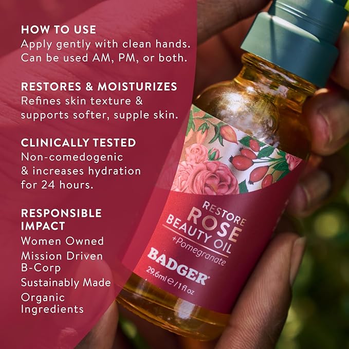 Badger Rose Face Oil, 100% Organic Face Moisturizer, Nourishing & Soothing Organic Jojoba Oil & Rose Oil, Vegan Antioxidant Rich Moisturizing Facial Oil, 1 fl oz Glass Bottle