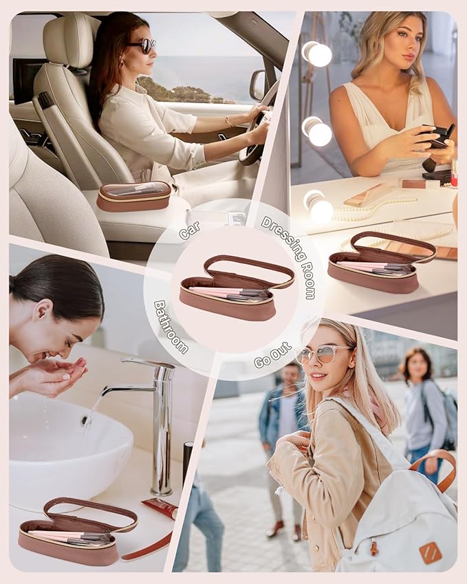 Clear Travel Makeup Brush Holder, Leather Makeup Brush Toiletry Bag, Portable Cosmetic Brush Case, Transparent Waterproof Makeup Brush Storage Bag, Brown