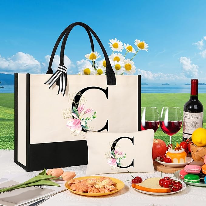 AYGE Personalized Initial Canvas Beach Tote, Monogrammed Gifts for Women, Makeup Bag, Birthday Gifts for Sister, Mom, Teacher, Bridesmaid (C)