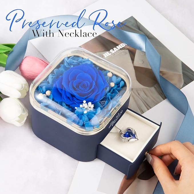 Preserved Real Blue Rose with Angle Wings Necklace, Forever Flowers Gifts for Mom Grandma Wife Girlfriend at Christmas Valentines, Anniversary Birthday Gifts for Women, I Love You Gifts for Her