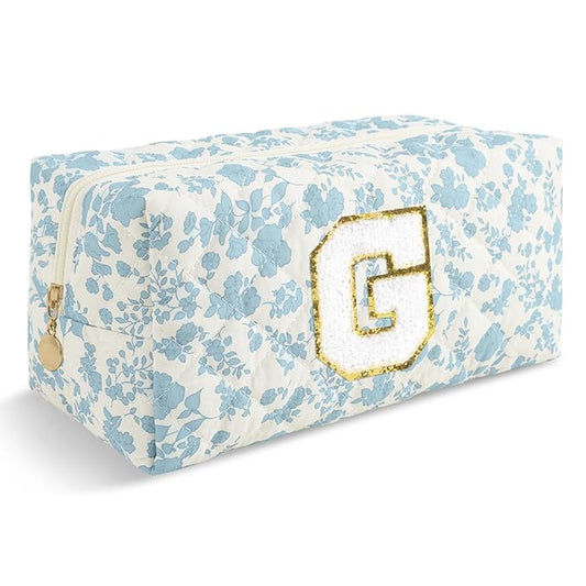 Personalized Quilted Cosmetic Bag, Puffy Monogrammed Christmas Birthday Gifts for Women & Girls, Cute initial Floral Makeup Bag Puffer Coquette Bag, Aesthetic Travel Toiletry Zipper Pouch(Blue,G)