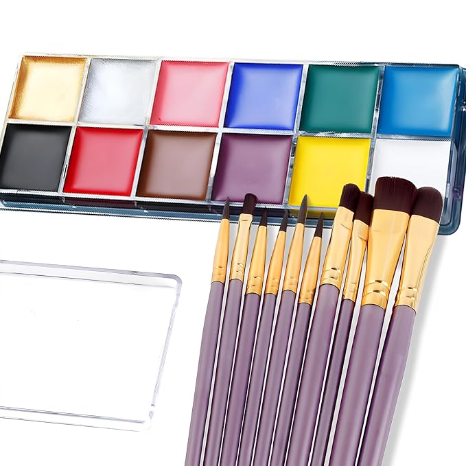Face Paint Kit, Painting Palette with Brushes Body Paint Face Makeup Safe and Easy to Clean for Halloween Carnivals Cosplay Party Stage Performances (12 Colors + 10 Brushes)