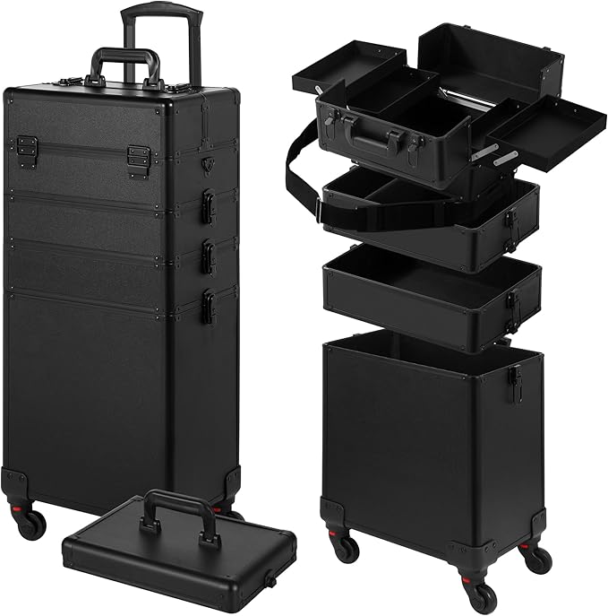 Rolling Makeup Case, Makeup Train Case with Lid, 5 in 1 Cosmetology Case on Wheels, Christmas Gift, Large Makeup Organizers, Profesional Cosmetic Case for Salon Barber, Black