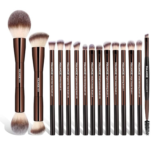 MAANGE 15 PCS Makeup Brushes Double-ended Makeup Brush Set Double Sided Angled/Round Top Brush Foundation Contour Blending Eyebrow Eyeshadow Concealer (Coffee)