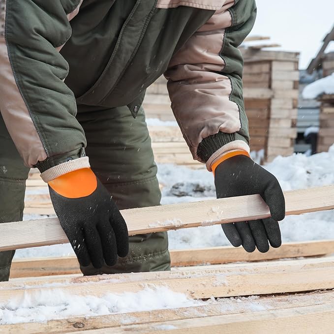 Kebada T2 Waterproof Winter Work Gloves for Men and Women - Thermal Insulated Freezer Gloves for Working in Freezer for Cold Weather, 100% Latex Coating, Wrist Closure, 1 Pair, Orange, Small