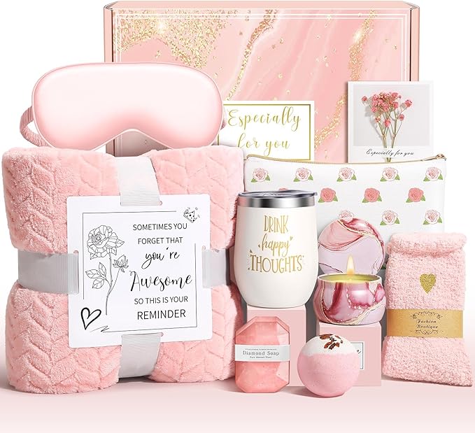 Happy Birthday Gifts for Women Self Care Gift, Relaxing Care Package Get Well Soon Spa Gift Basket with Luxury Blanket, Mothers Day, Brithday Gifts for Mom Her Friend Sister Wife