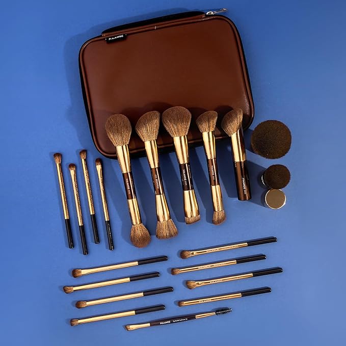 MAANGE 20 PCS Makeup Brush Set, Double-ended Kabuki Brush Foundation Contour Brush for Liquid Powder Concealer Eye Shadows Cream Cosmetics Blending Blush Face Makeup Tools with Case (Coffee Gold)