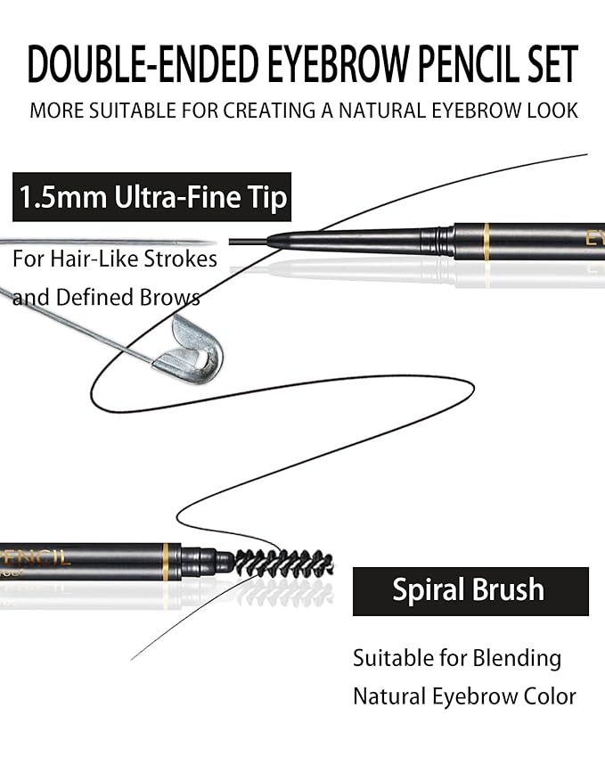Black Eyebrow Pencils for Women, 12Pcs Ultra Slim Eyebrow Pencil with 2 Brow Razors Kit, Double Head 1.5mm Micro-Fine Tip & Spiral Brush, Can Draw Fine and Long-Lasting Brows Makeup