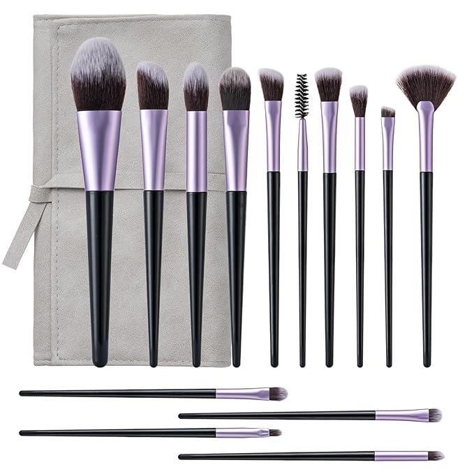 Makeup Brushes, 14 Pcs Professional Makeup Brush Set, Eye and Face Foundation Brush Set, Eyeshadow Brushes, Cosmetic Brushes, with PU Bag, Pale Purple