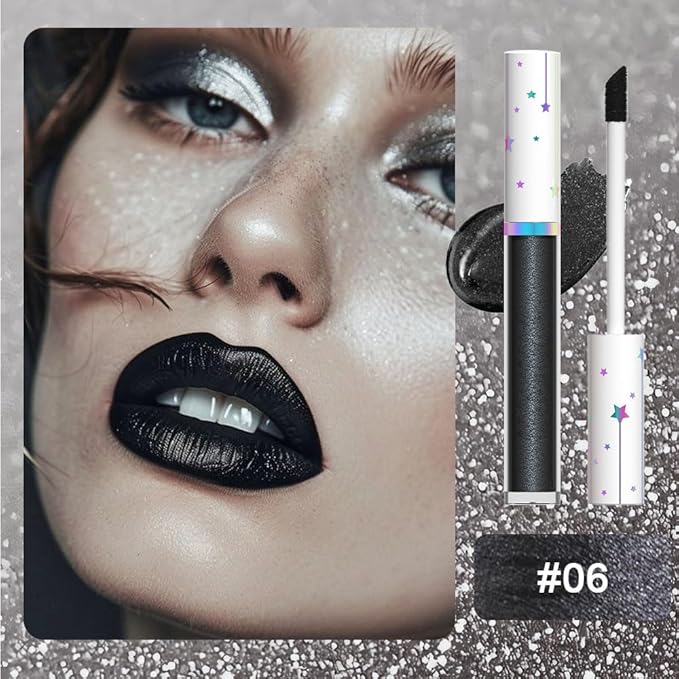 evpct 1Pcs Black Metallic Shimmer Glitter Lip Gloss Liquid Lipstick Long Lasting Waterproof 24, Glitter Pearlescent Metallic Sparkly Liquid Lipsticks Lip Stains Makeup Set for Women 06