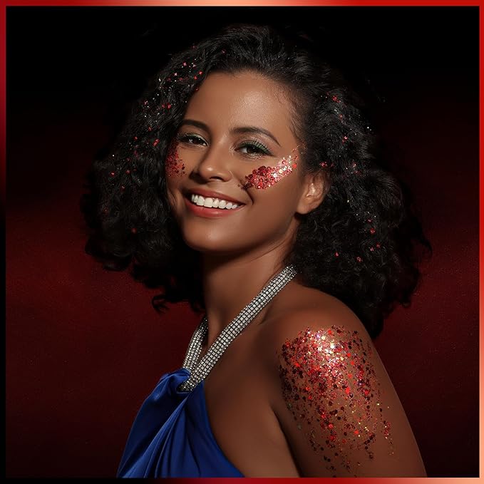 Teenitor Face Glitter, Red Body Glitter Gel, Hair Glitter, 6 Shapes Festival Rave Body Makeup Glitters Gel, Chunky Sparkling Glitter for Face, Body and Hair