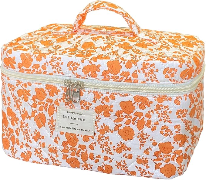 Orange Large Quilted Floral Makeup Bag Cute Soft Coquette Aesthetic Cosmetic Bag Cotton Travel Toiletry Bag for Women