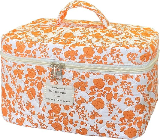 Orange Large Quilted Floral Makeup Bag Cute Soft Coquette Aesthetic Cosmetic Bag Cotton Travel Toiletry Bag for Women