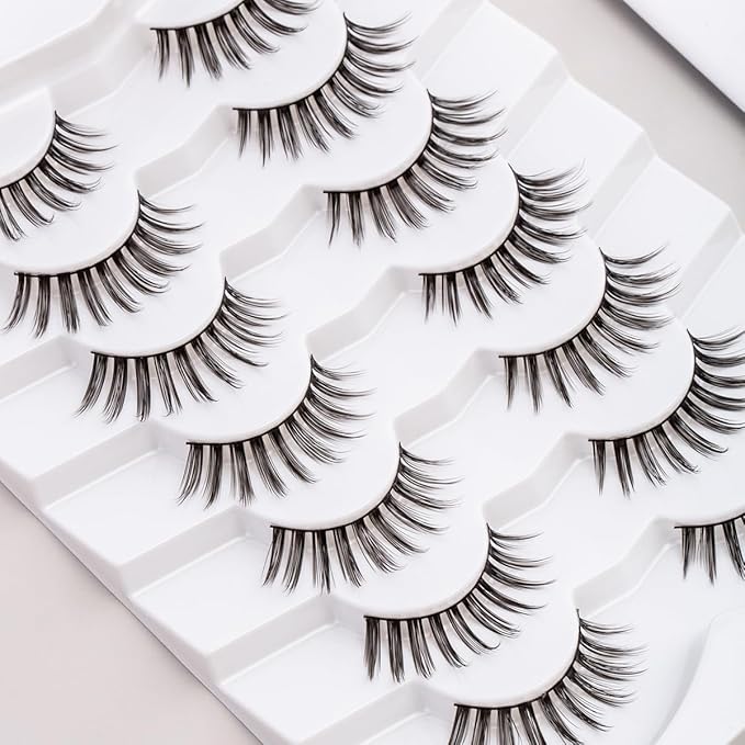 Manga Lashes Anime Eyelashes 10MM Wispy Lashes C Curl False Eyelashes Asian Korean Lash Strips Thin Band Fake Eyelash 7 Pair Siligli