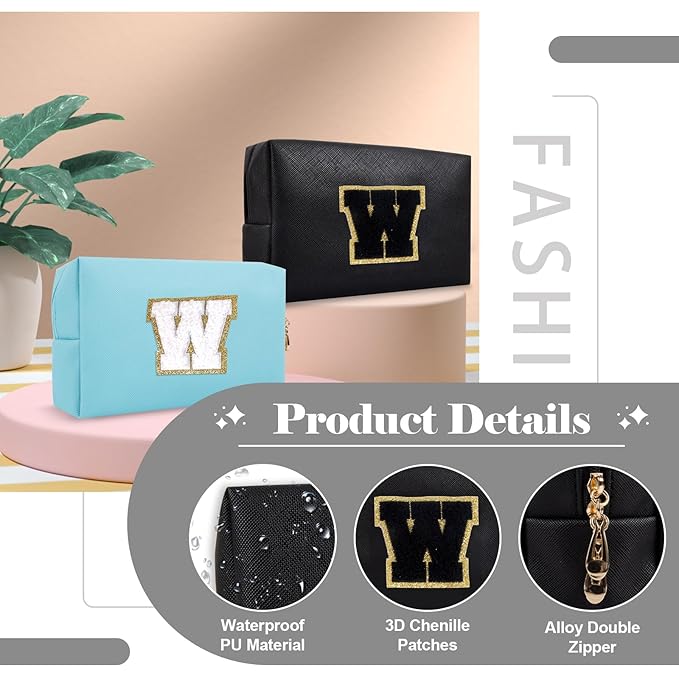 Personalized Initial A-Z Preppy Patch Makeup Bag,Small PU Chenille Letter Cosmetic Bag with Zipper for Teen Girls,Black Cute Toiletry Organizer Bag,Monogram Makeup Case Gift for Women Girls,Letter W