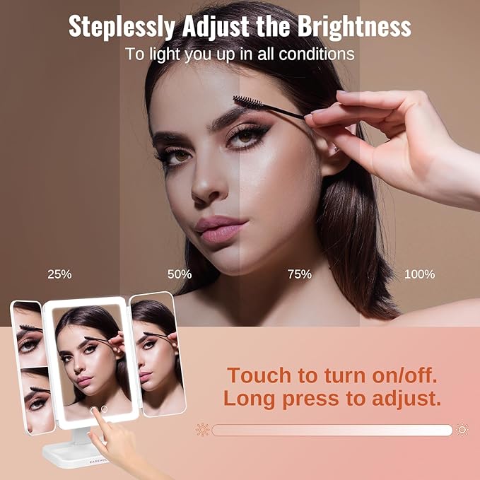 EASEHOLD Lighted Makeup Mirror with 3X Magnification, 3 Color Lights & Touch Sensor - Rechargeable Trifold Vanity Mirror for Travel, Desk, Home Use
