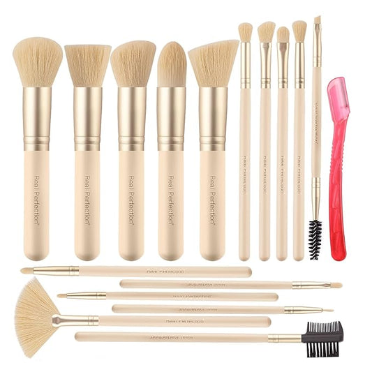 Real Perfection Makeup Brush Set 16 Pcs with 1 Eyebrow Razor Premium Synthetic Foundation Powder Concealers Eyeshadow Blush Makeup Brushes Make up Brushes Kit (Beige)