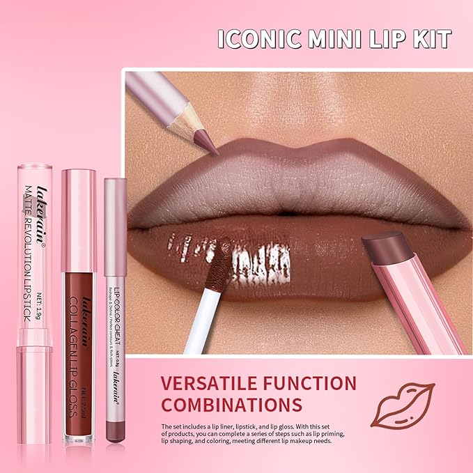 3PCS Lip Liner and Lipstick Combo Set - Matte Lip Liner Pencil, Velvet Matte Lipstick & Hydrating Collagen Lip Gloss - Long-Lasting, Smudge-Proof, High Pigment Nude Brown Lip Makeup Kit (Set 2, 3)
